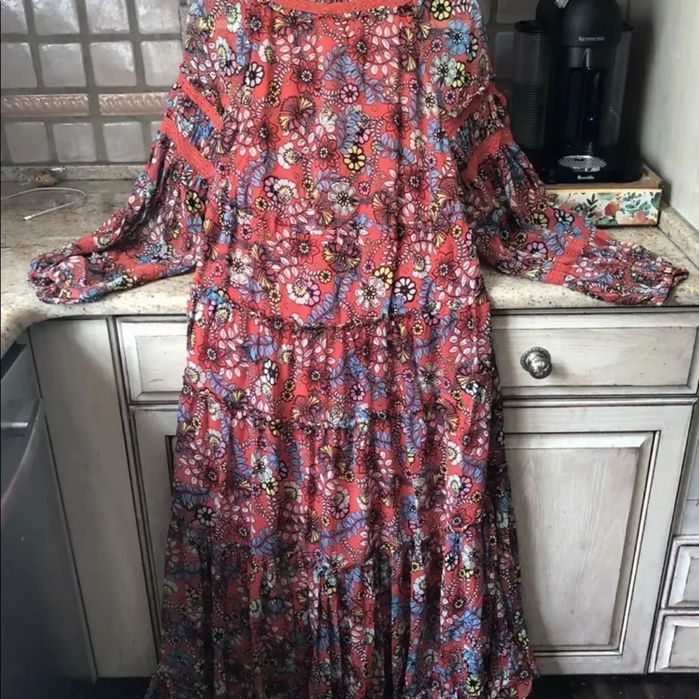 Free People Cassis Printed Chiffon Dress Tiered LinedFloral Red Pink Blue Yellow - Picture 5 of 6